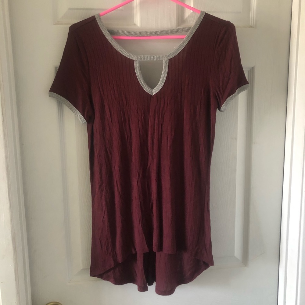 Maroon and Grey Cut Out Flowy High Low T-Shirt